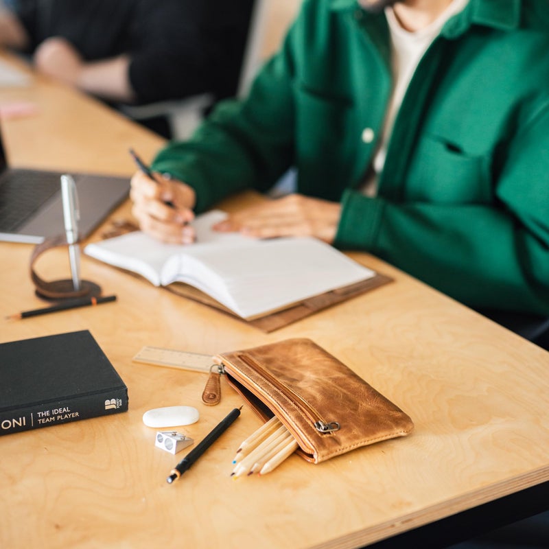 moonster Leather Pencil Case Pouch, Handcrafted 8" x 4" Leather Pen Case with Zipper - Pencil Cases for Adults with Side Pocket - Pencil Pouch Zippered Pen Bag - Light Brown - Image 2